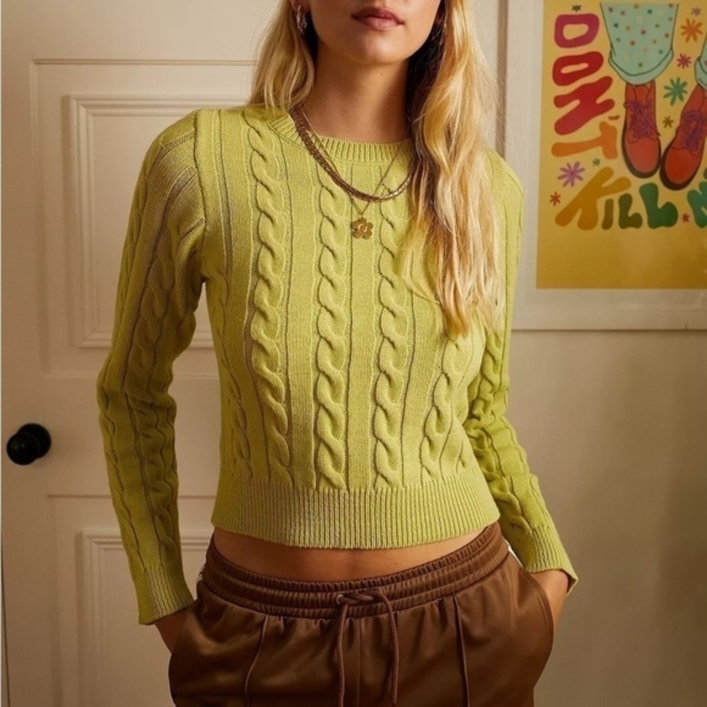 URBAN OUTFITTERS Iets Frans Green Cable Knit Cropped Jumper